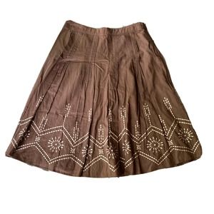 Michael Kors Skirt Sz 4 Brown Womens Flare 100% Cotton Embroidered Flowy Summer